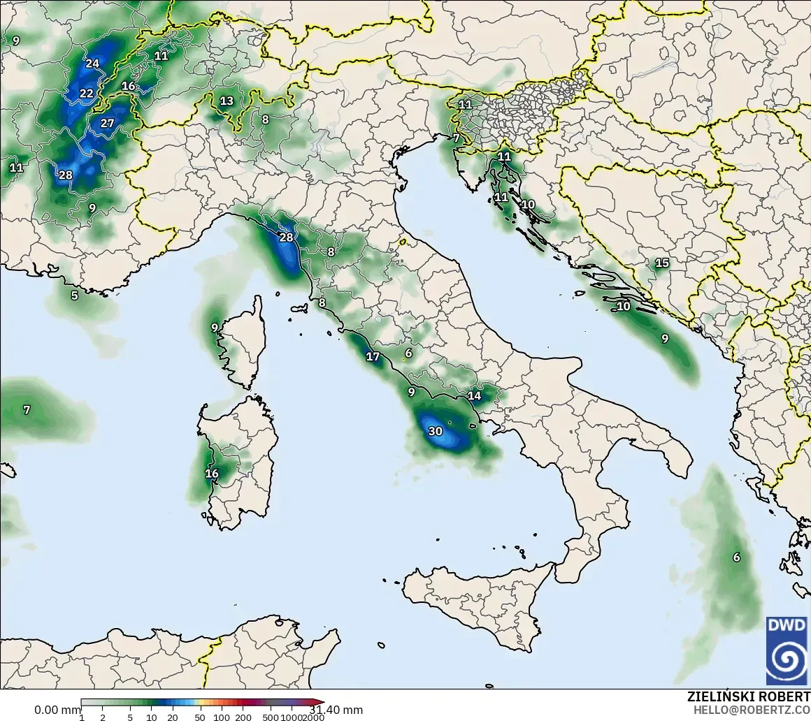ICON modelo - Italia, Acumulación de precipitación
