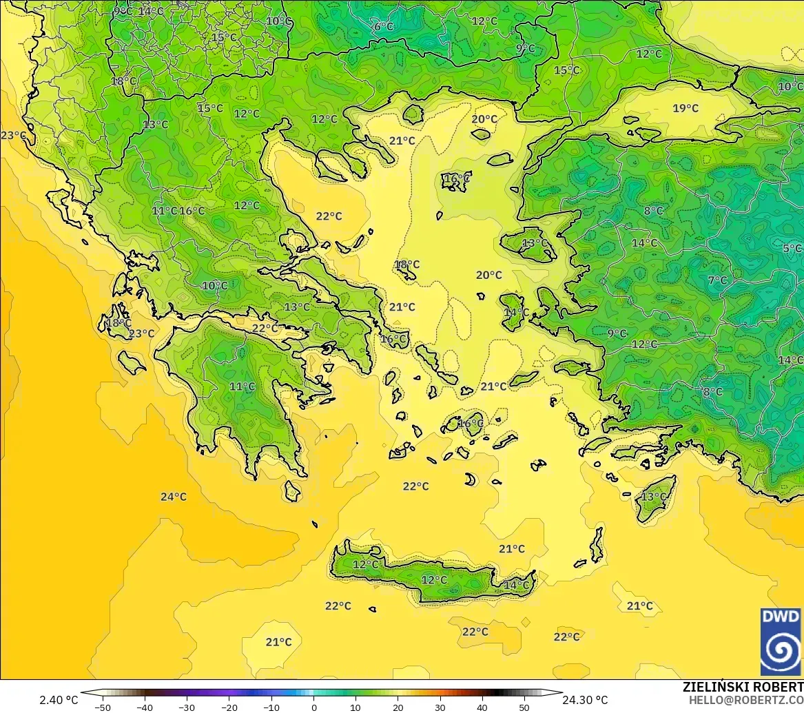 ICON modelo - Grecia, Temperatura a 2 m