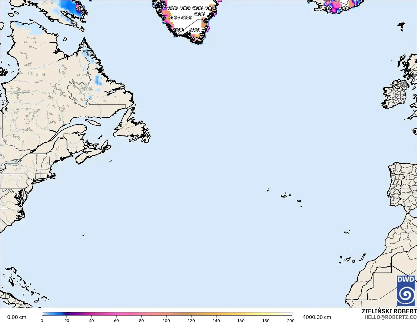 ICON modelo - Norte Atlántico, Profundidad de nieve