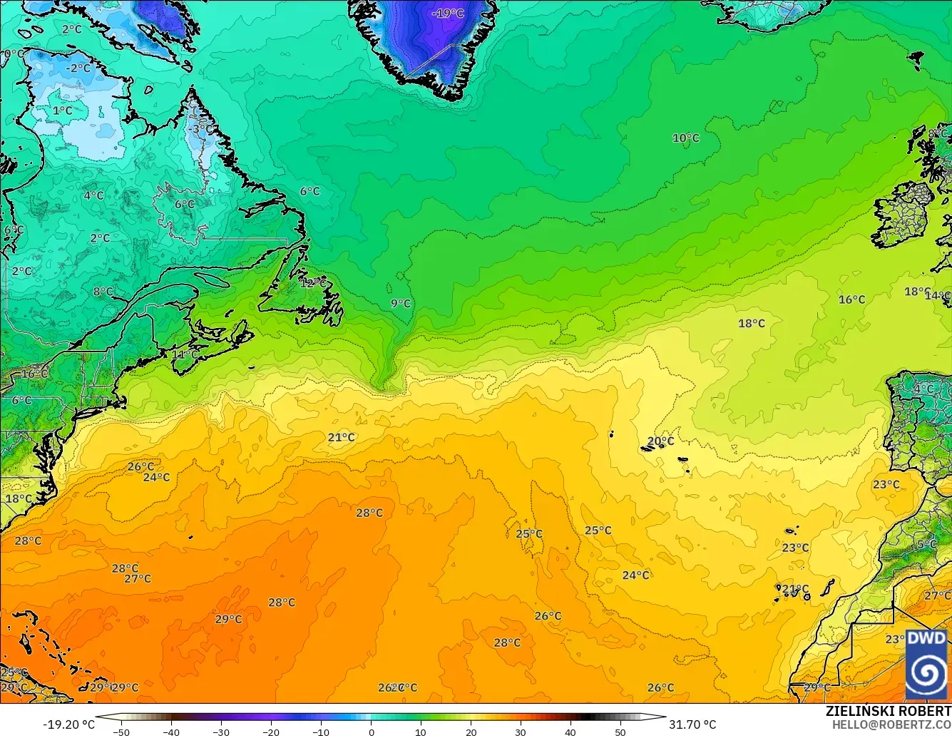 ICON modelo - Norte Atlántico, Temperatura a 2 m
