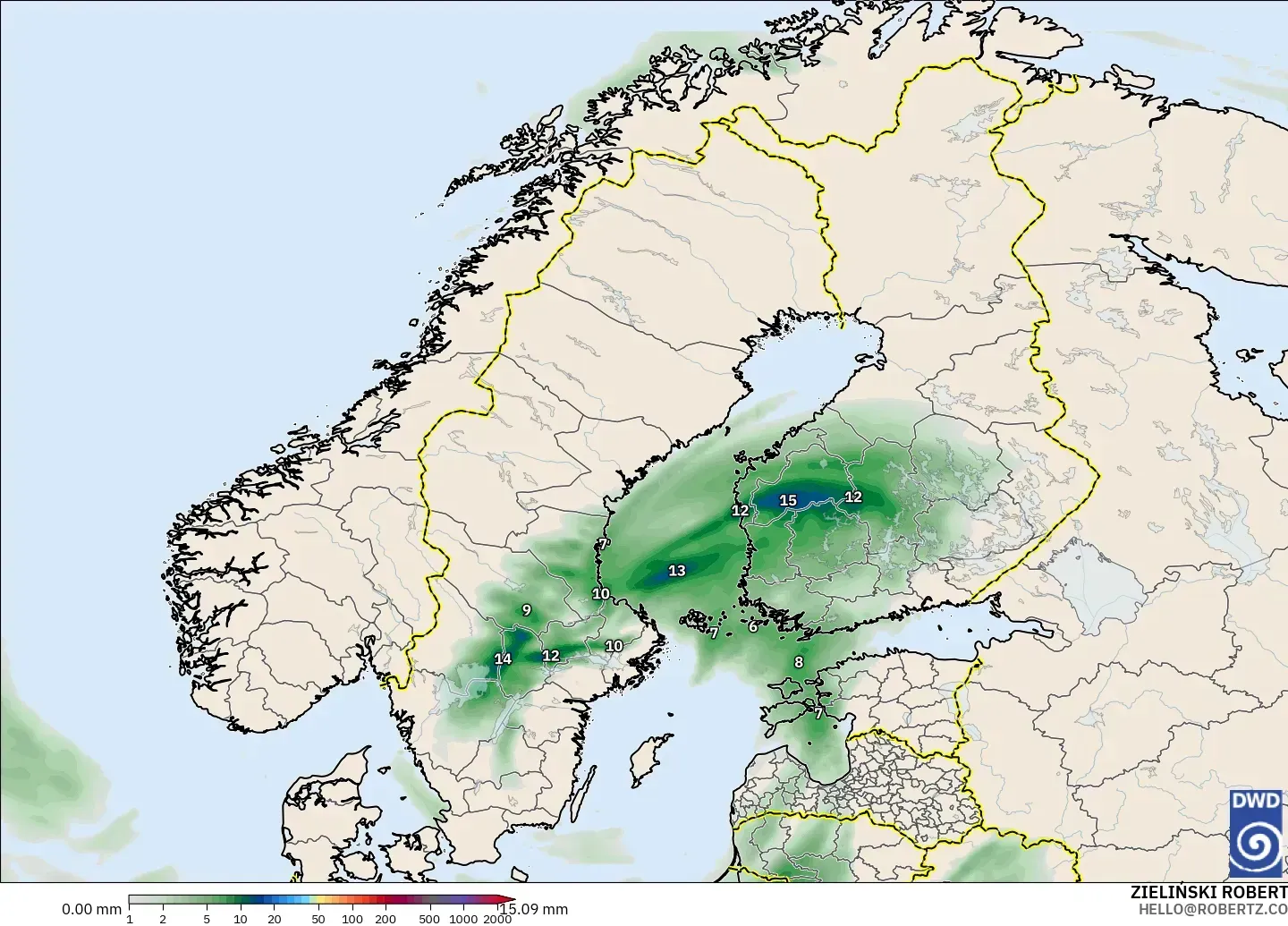 ICON modelo - Escandinavia, Acumulación de precipitación