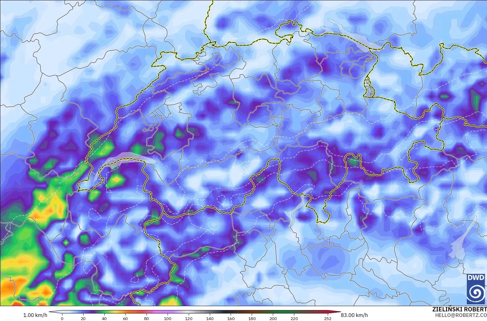 ICON modelo - Suiza, Ráfagas de Viento Máximas