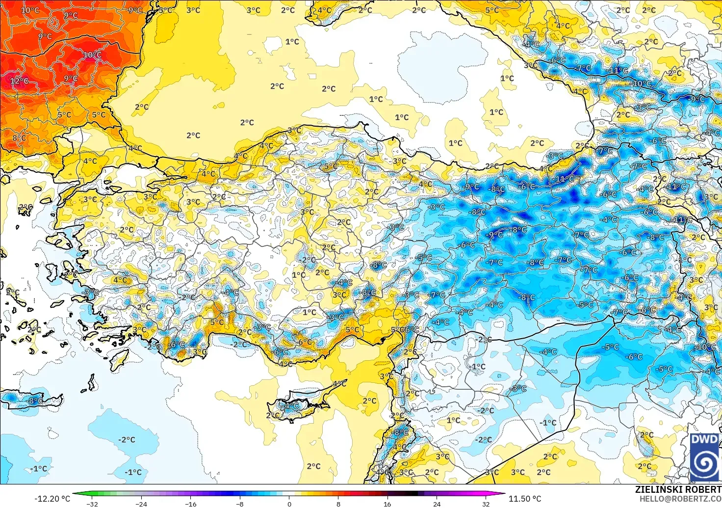 ICON modelo - Turquía, Anomalía de temperatura a 2 m