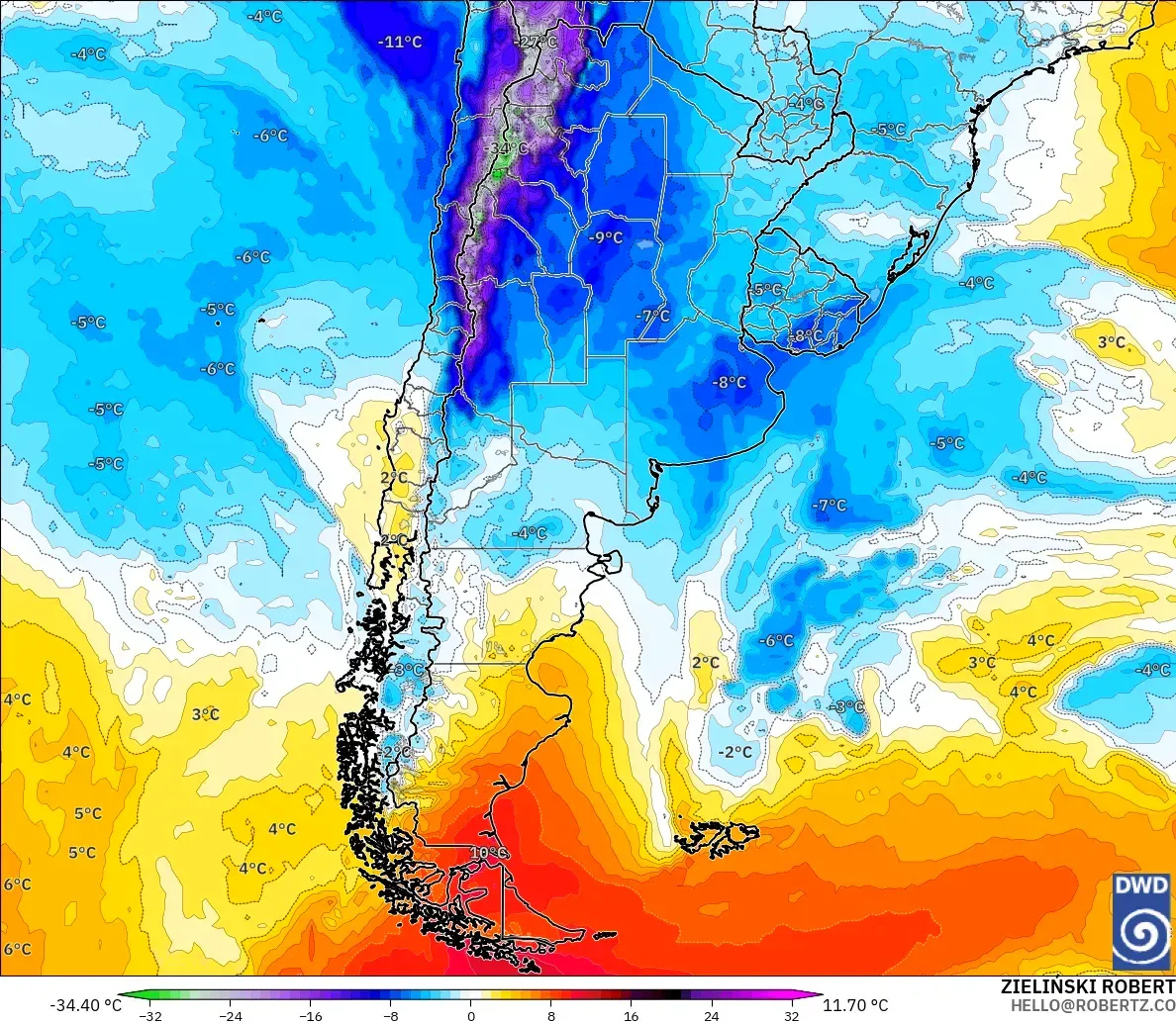 ICON modelo - Argentina, Anomalía de temperatura a 850 hPa