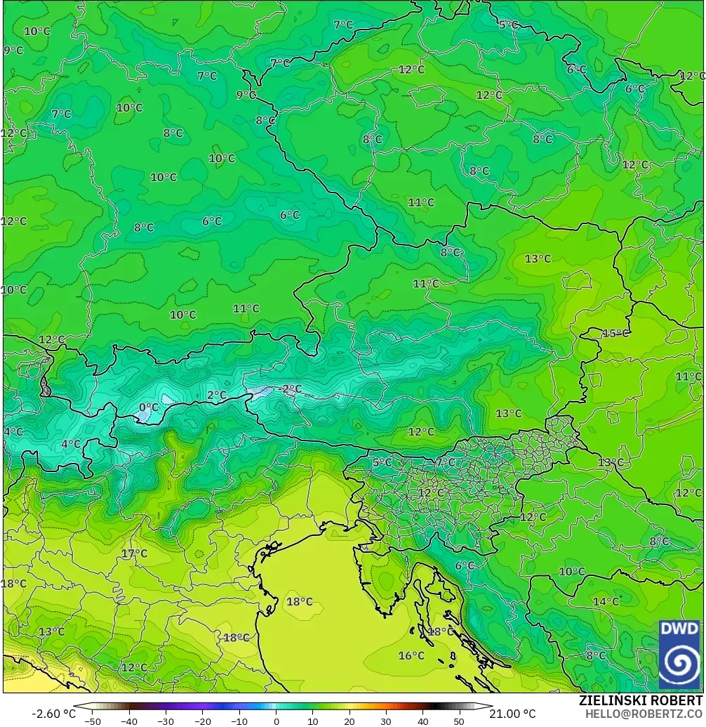 ICON modelo - Austria, Temperatura a 2 m