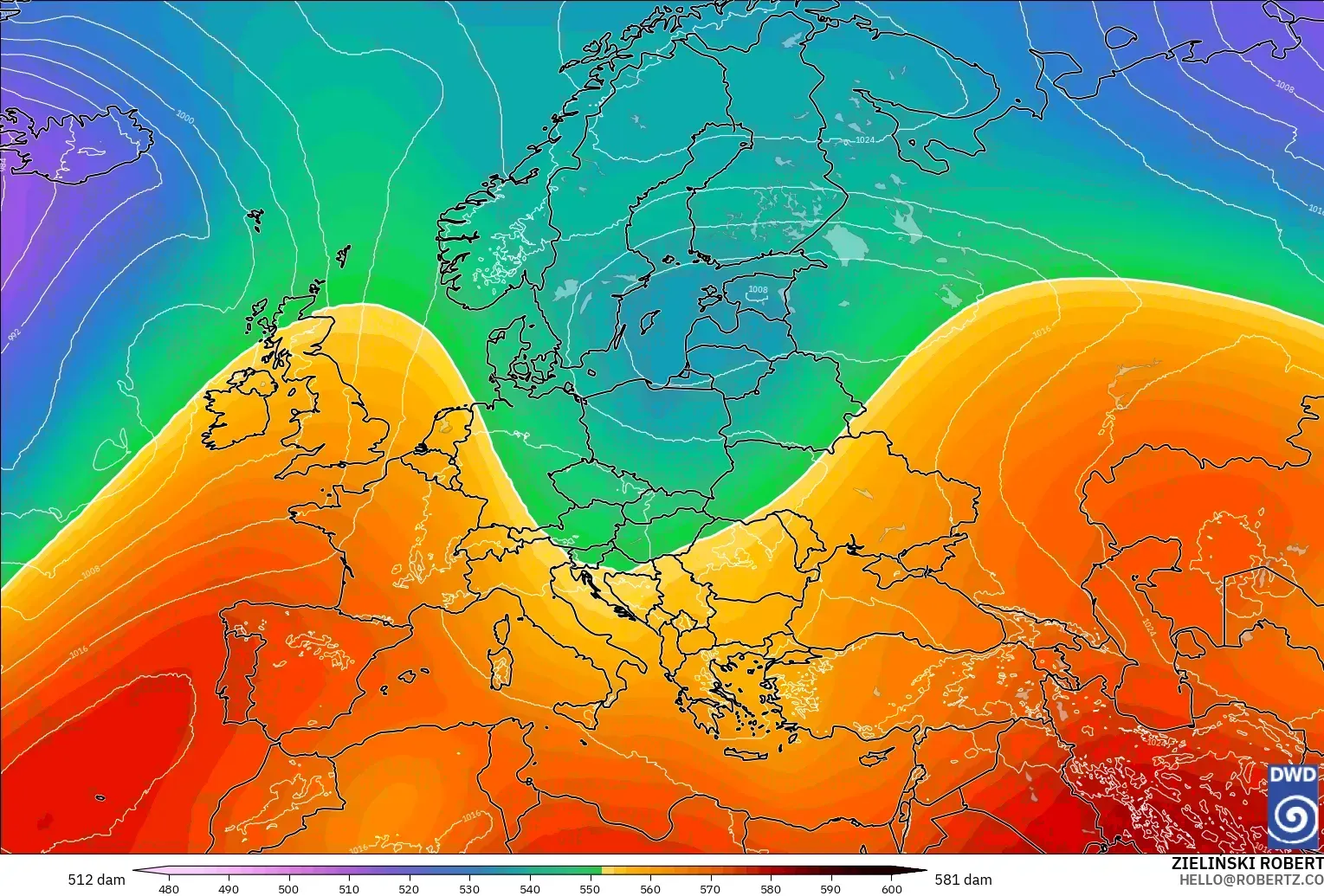 ICON modelo - Europa, Altura geopotencial a 500 hPa