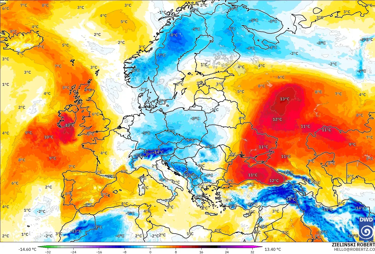 ICON modelo - Europa, Anomalía de temperatura a 850 hPa