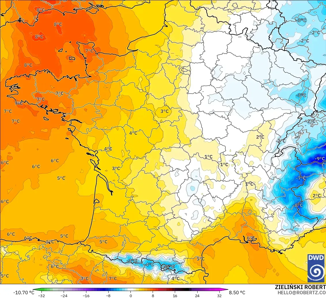 ICON modelo - Francia, Anomalía de temperatura a 850 hPa