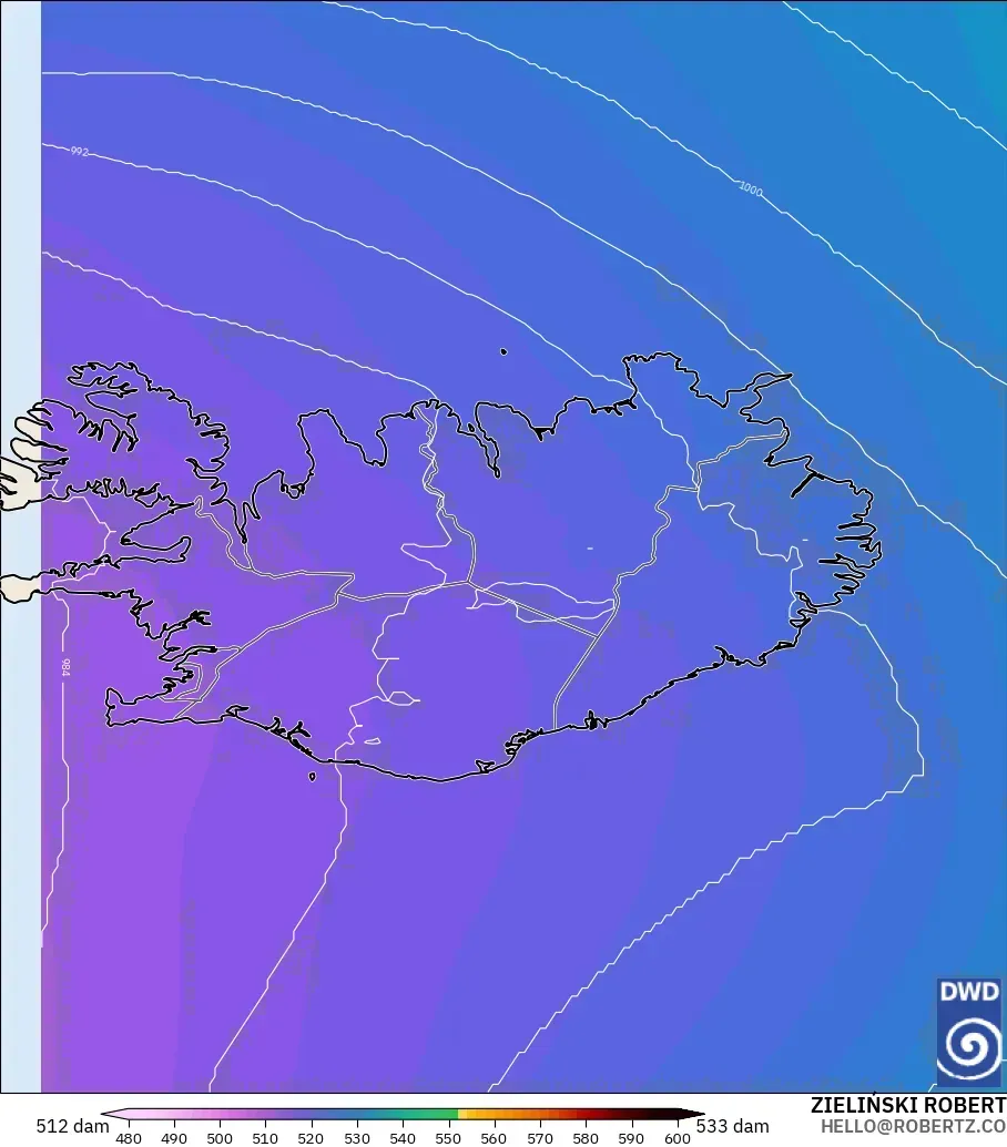 ICON modelo - Islandia, Altura geopotencial a 500 hPa