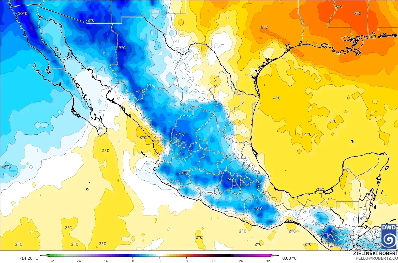 ICON modelo - México, Anomalía de temperatura a 850 hPa