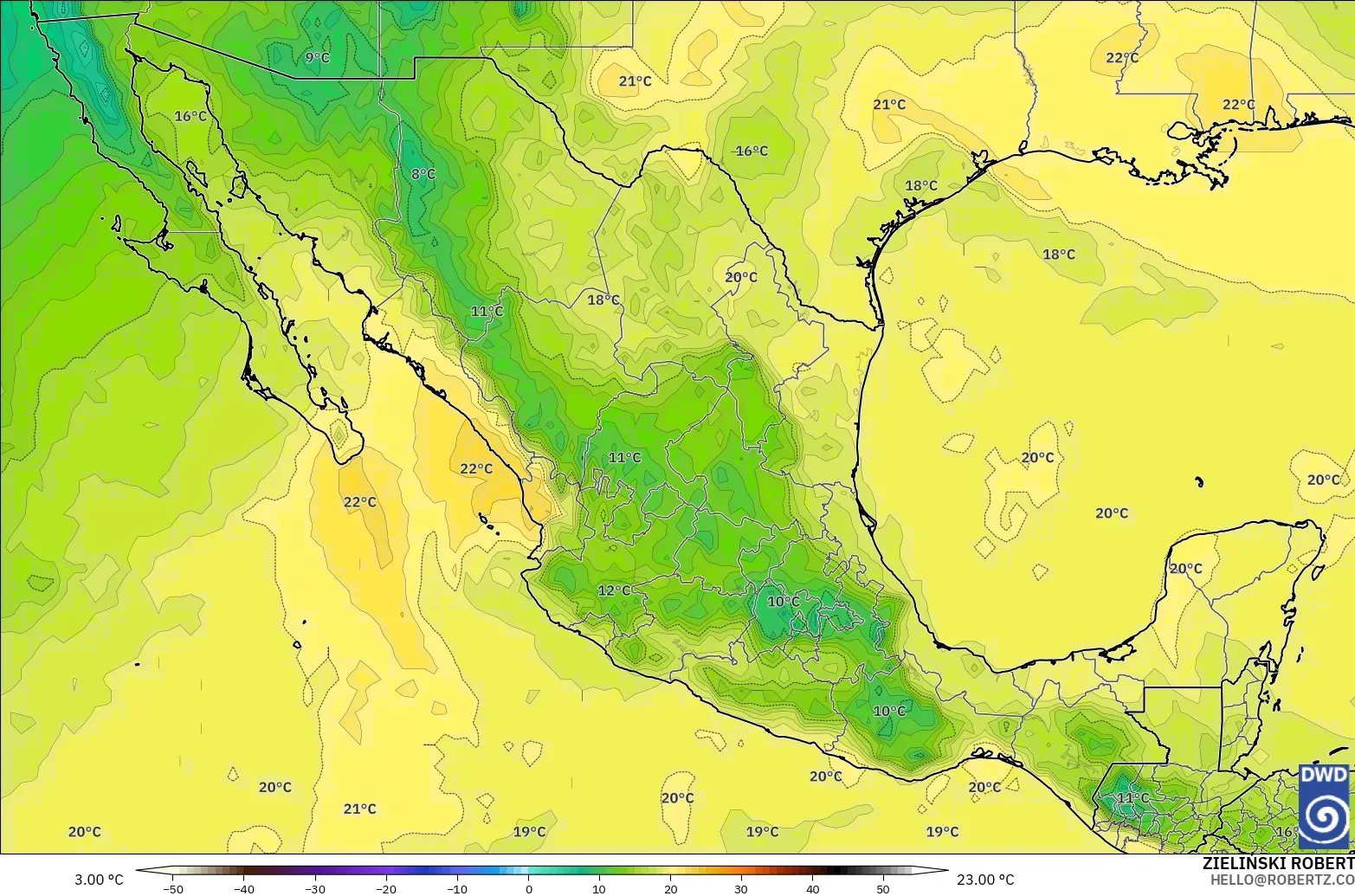 ICON modelo - México, Temperatura a 850 hPa