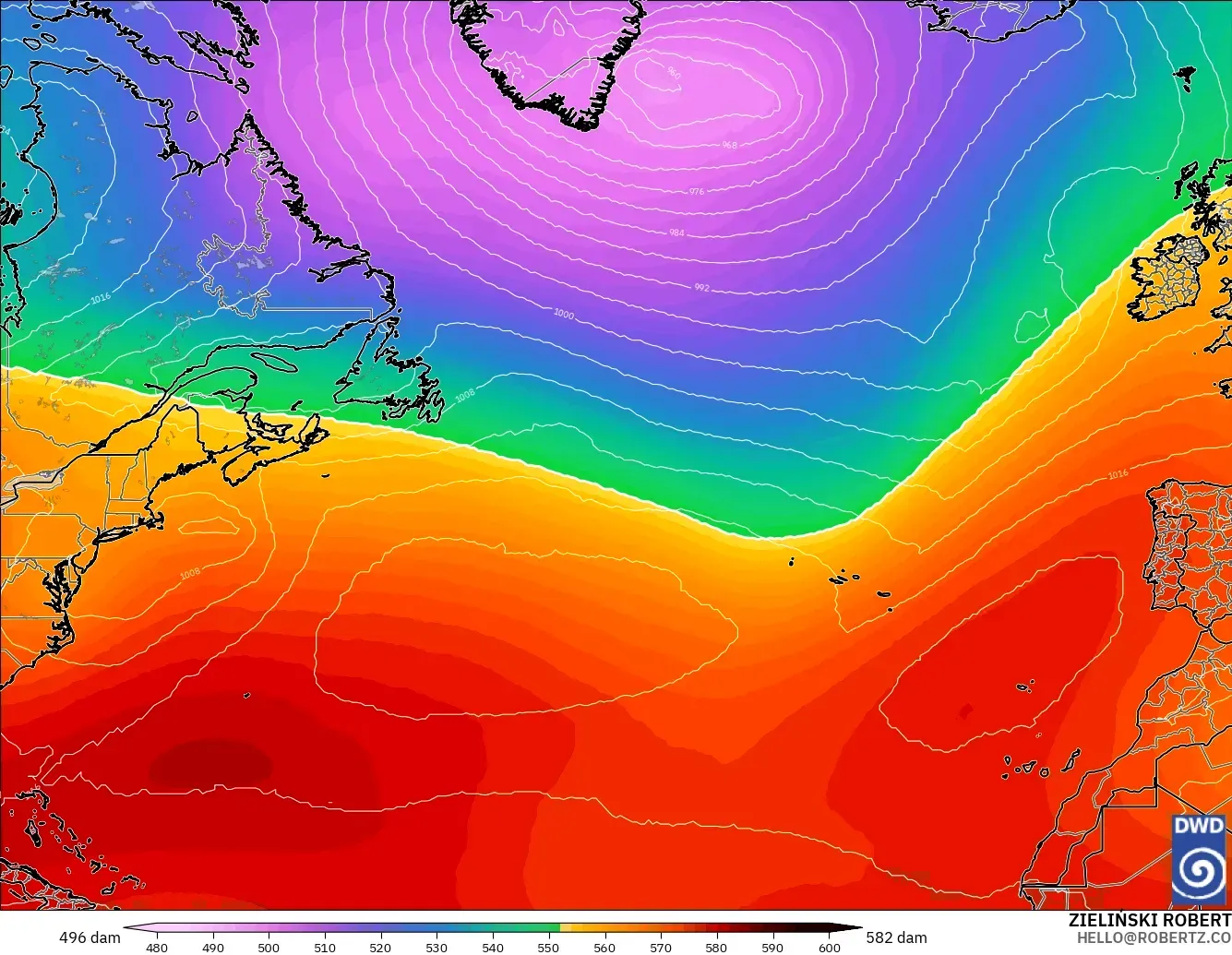 ICON modelo - Norte Atlántico, Altura geopotencial a 500 hPa