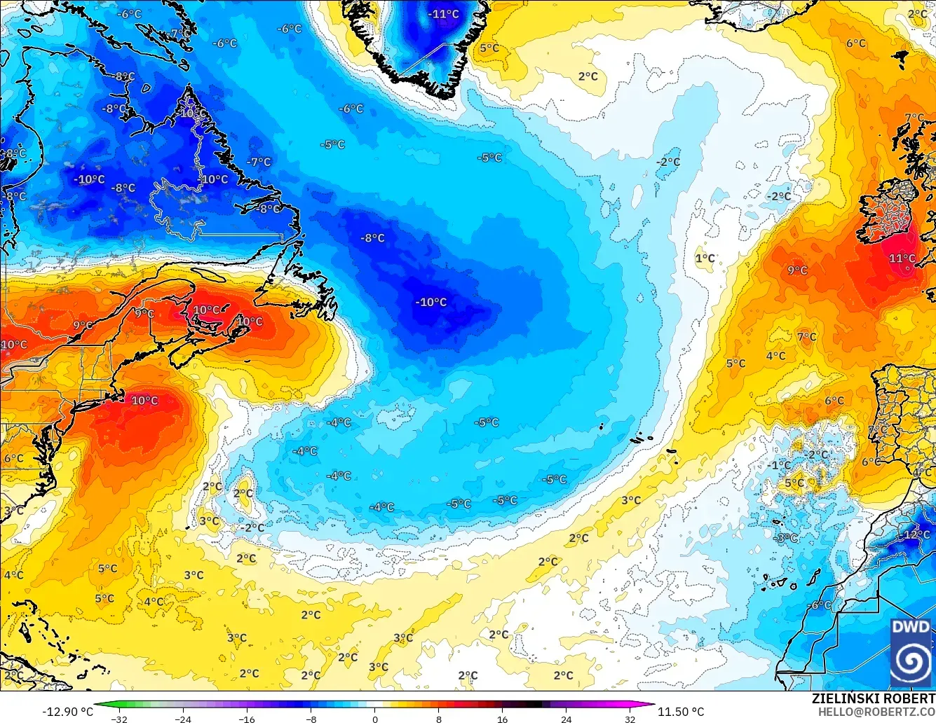 ICON modelo - Norte Atlántico, Anomalía de temperatura a 850 hPa