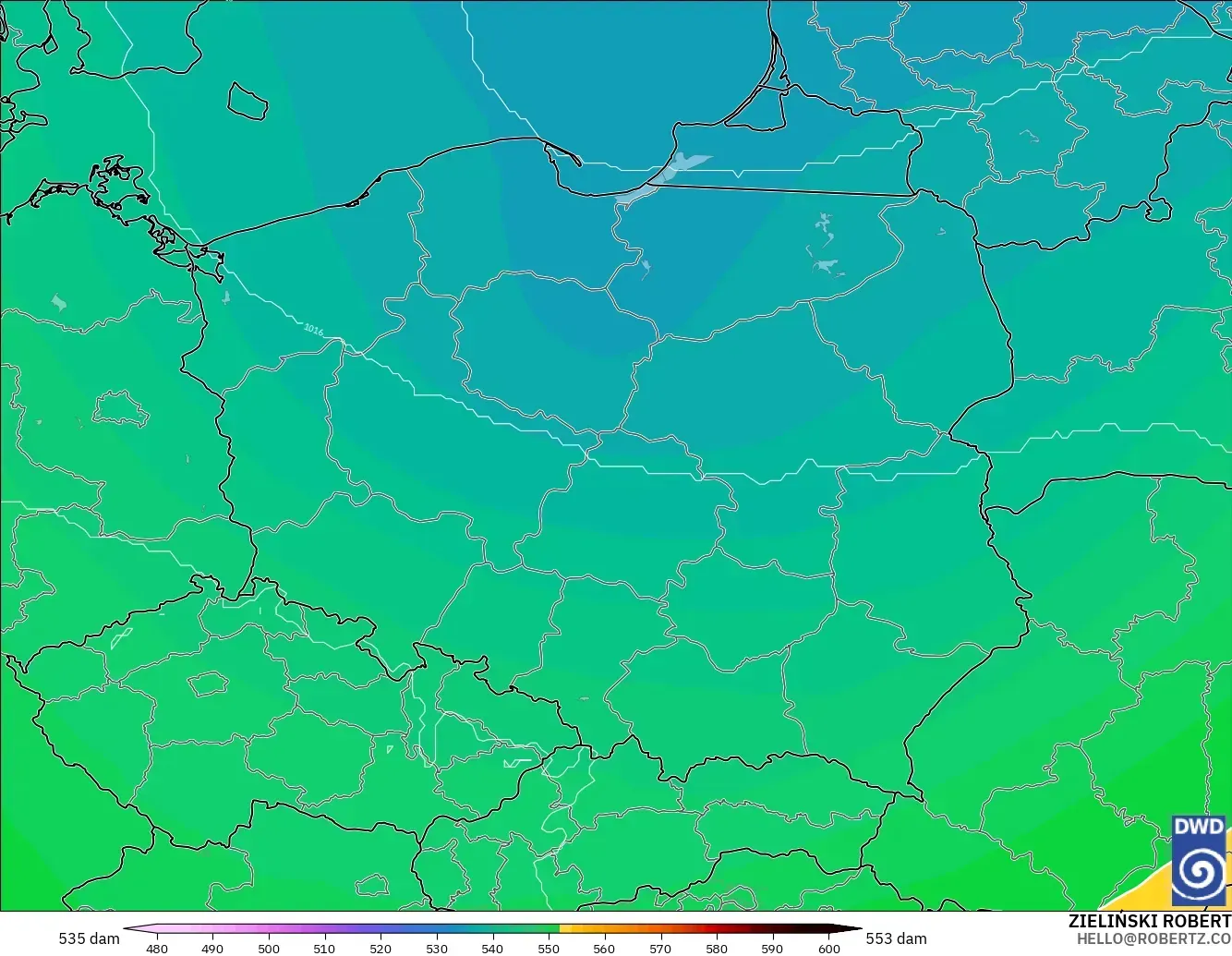 ICON modelo - Polonia, Altura geopotencial a 500 hPa