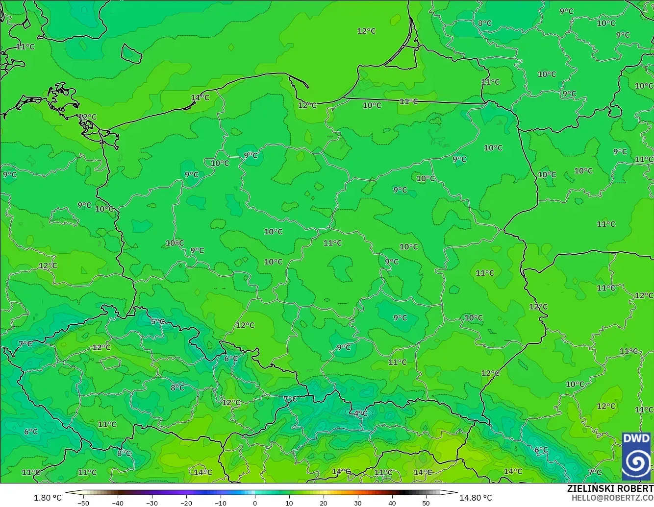ICON modelo - Polonia, Temperatura a 2 m