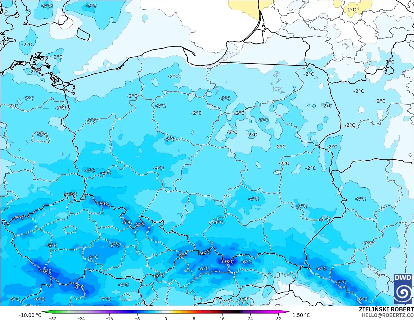 ICON modelo - Polonia, Anomalía de temperatura a 850 hPa