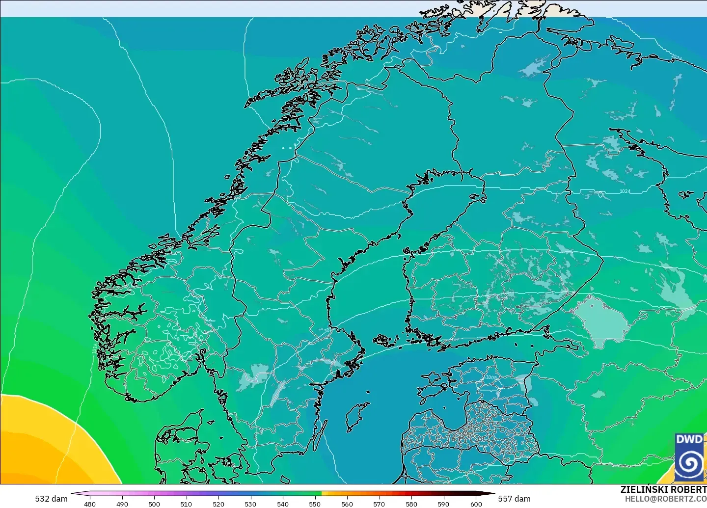 ICON modelo - Escandinavia, Altura geopotencial a 500 hPa