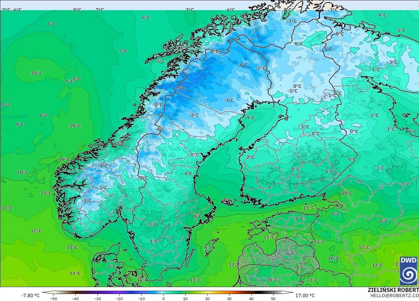 ICON modelo - Escandinavia, Temperatura a 2 m