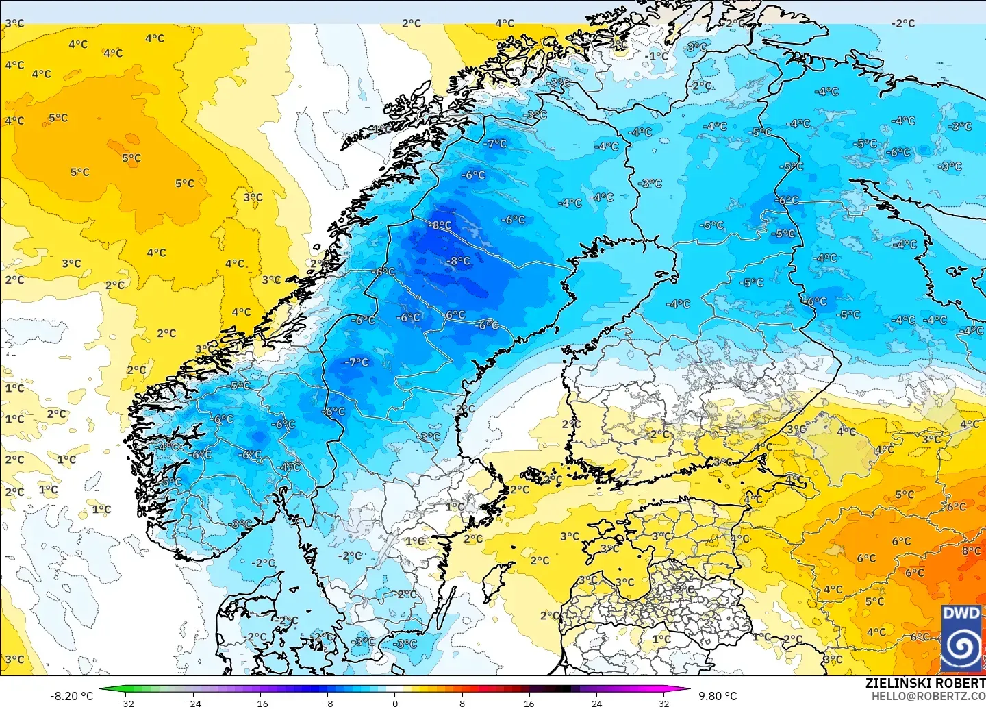 ICON modelo - Escandinavia, Anomalía de temperatura a 850 hPa