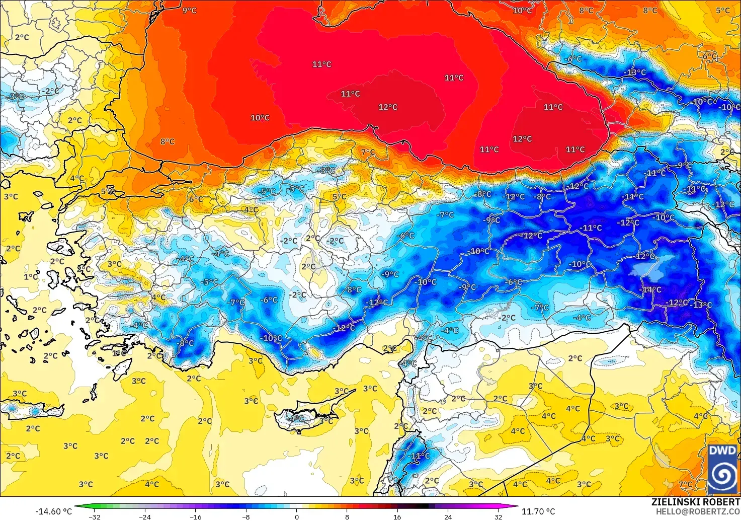 ICON modelo - Turquía, Anomalía de temperatura a 850 hPa