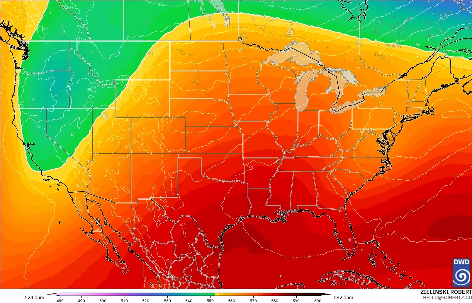 ICON modelo - Estados Unidos, Altura geopotencial a 500 hPa