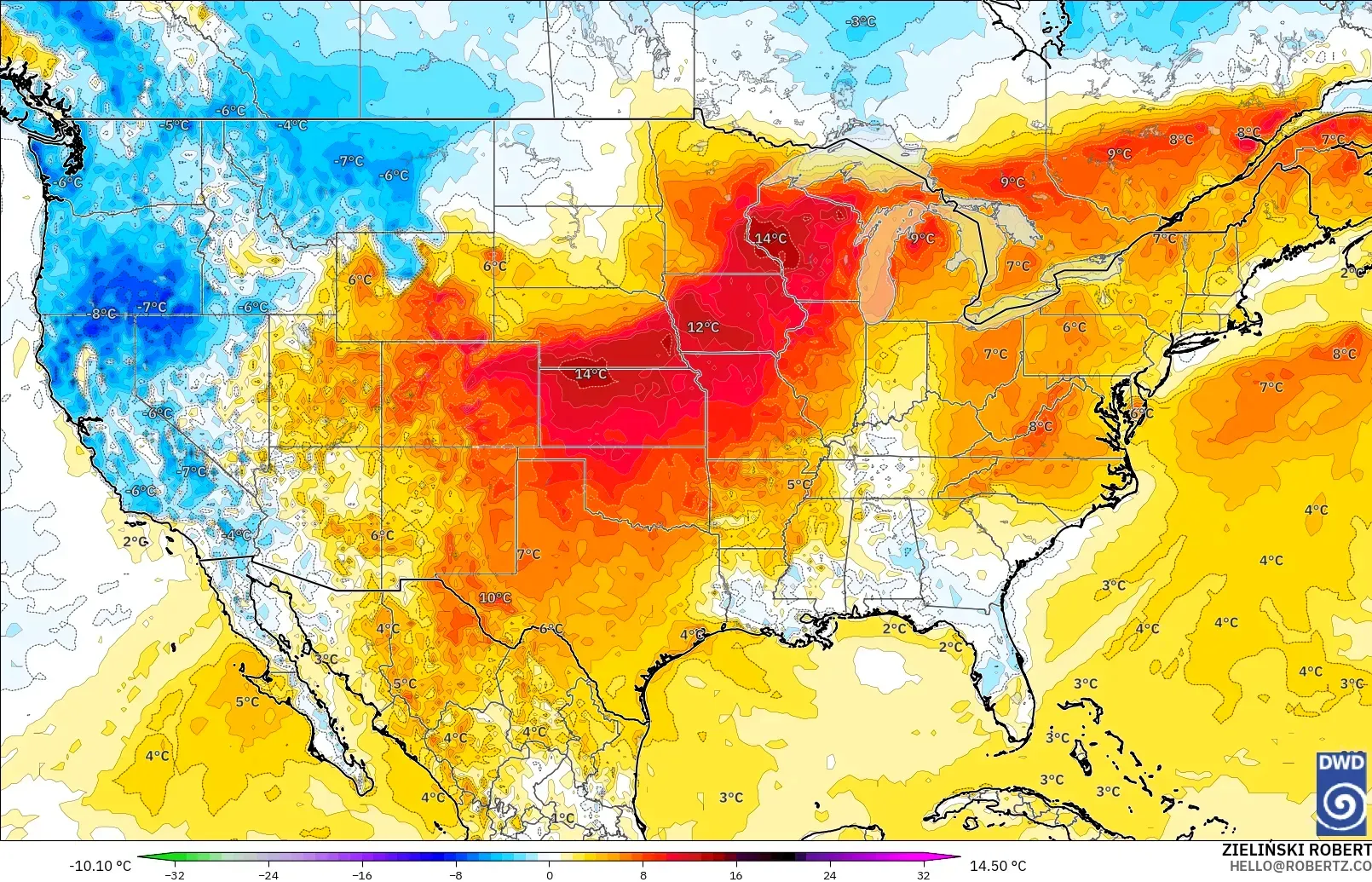 ICON modelo - Estados Unidos, Anomalía de temperatura a 2 m
