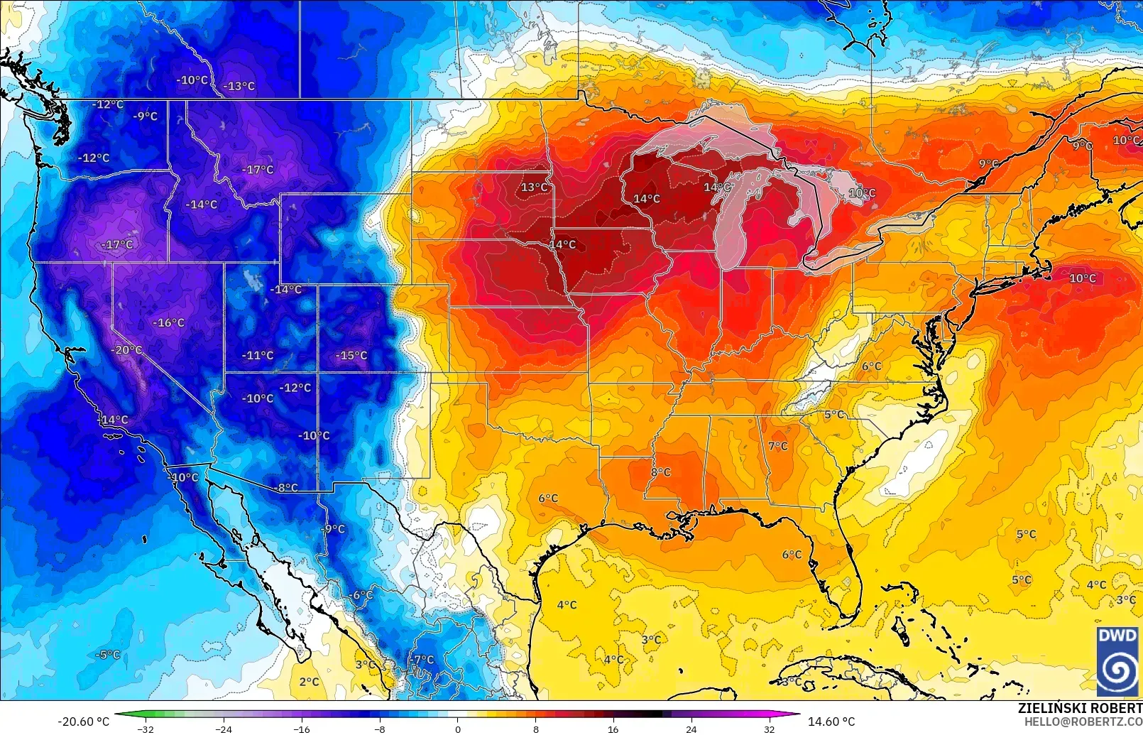 ICON modelo - Estados Unidos, Anomalía de temperatura a 850 hPa
