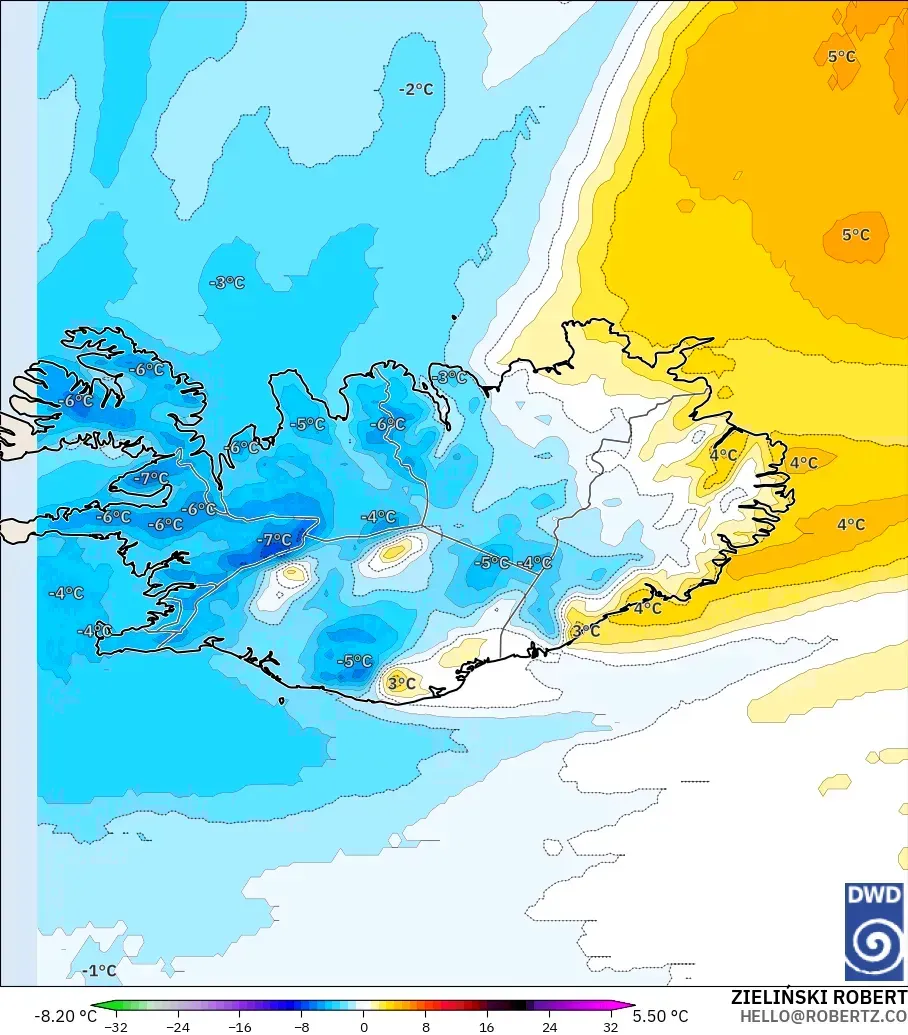 ICON modelo - Islandia, Anomalía de temperatura a 850 hPa