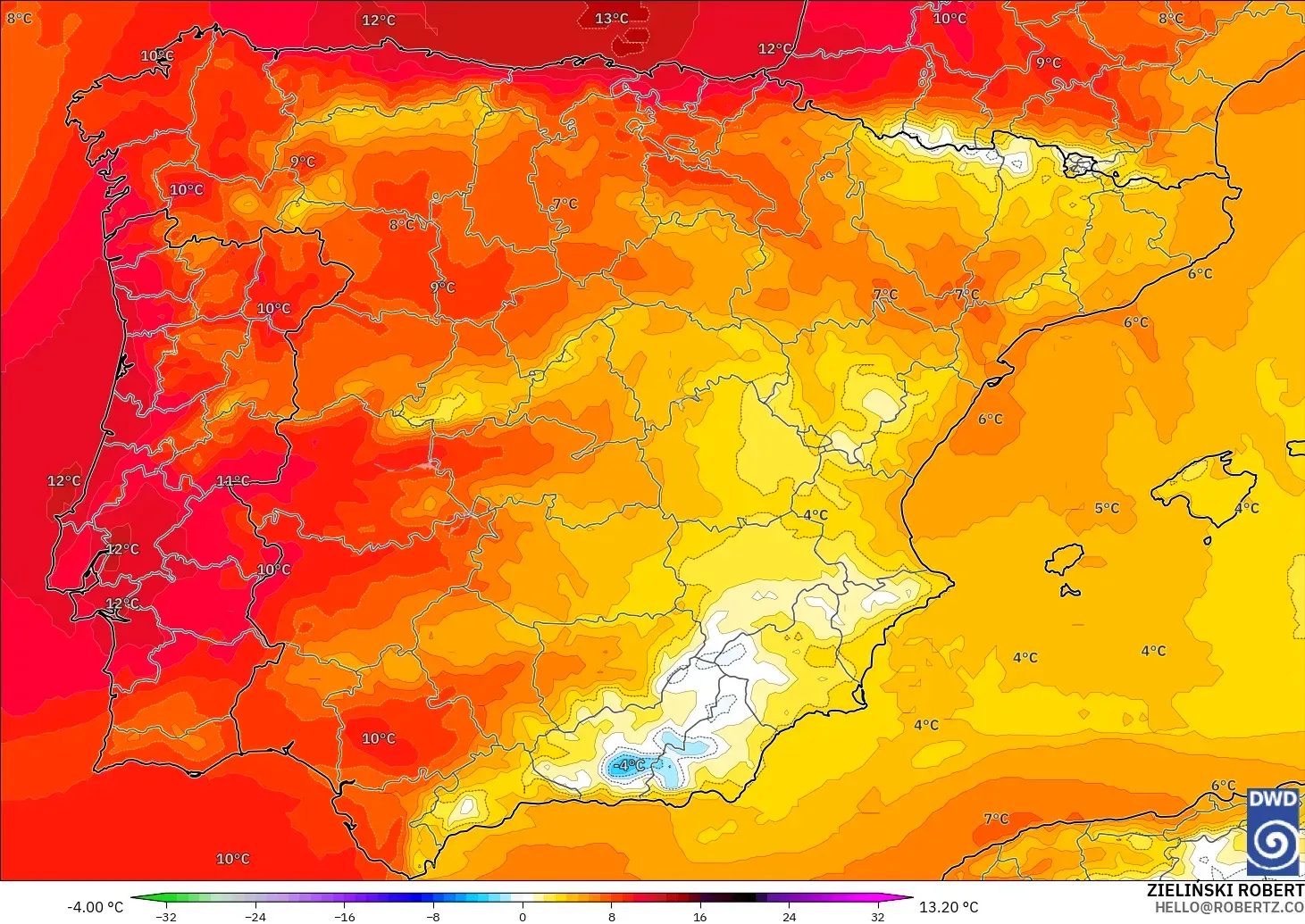 ICON modelo - España, Anomalía de temperatura a 850 hPa