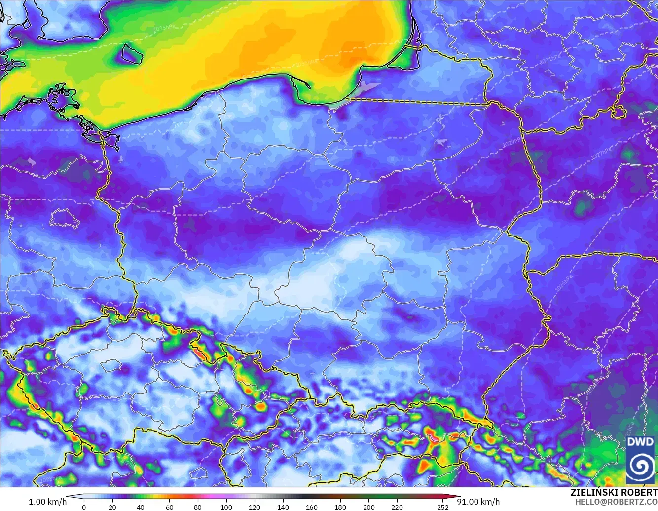 ICON modelo - Polonia, Ráfagas de viento
