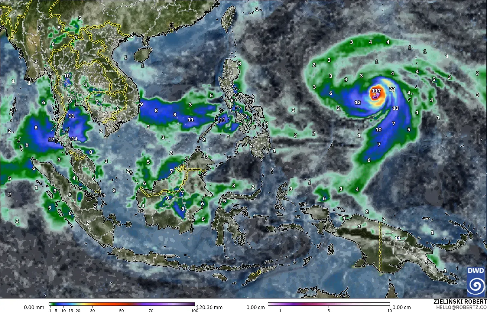 ICON modelo - Sudeste Asiático, Precipitación, nubes y presión