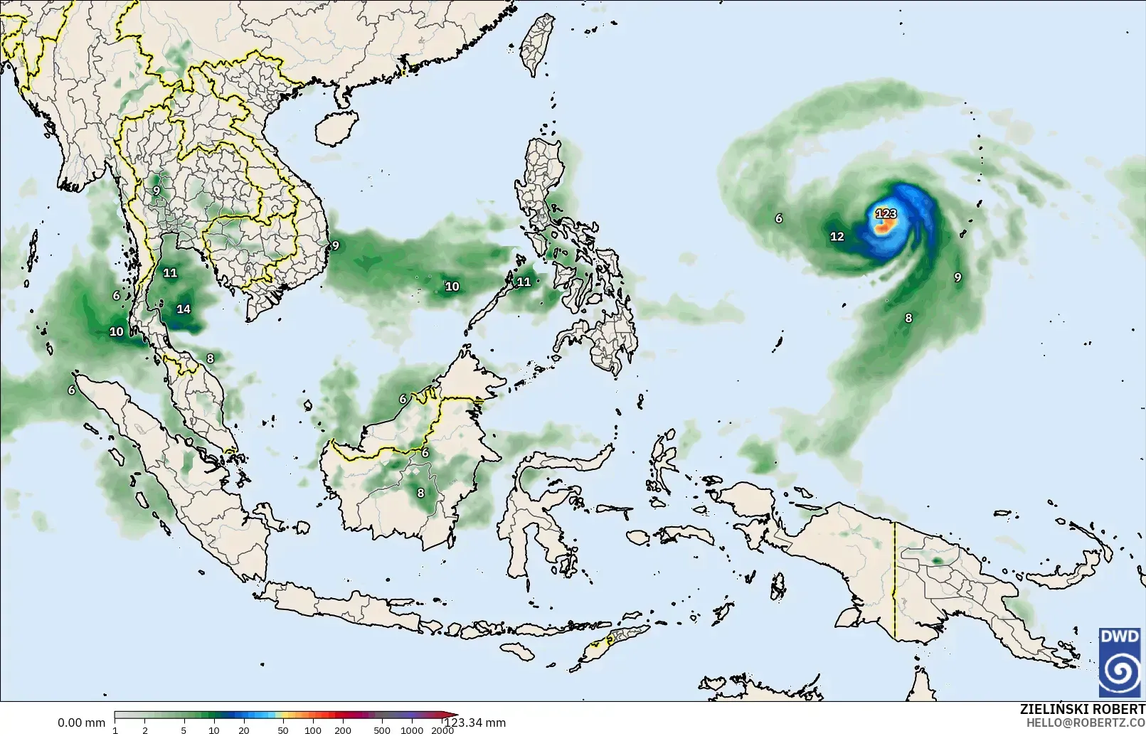 ICON modelo - Sudeste Asiático, Acumulación de precipitación