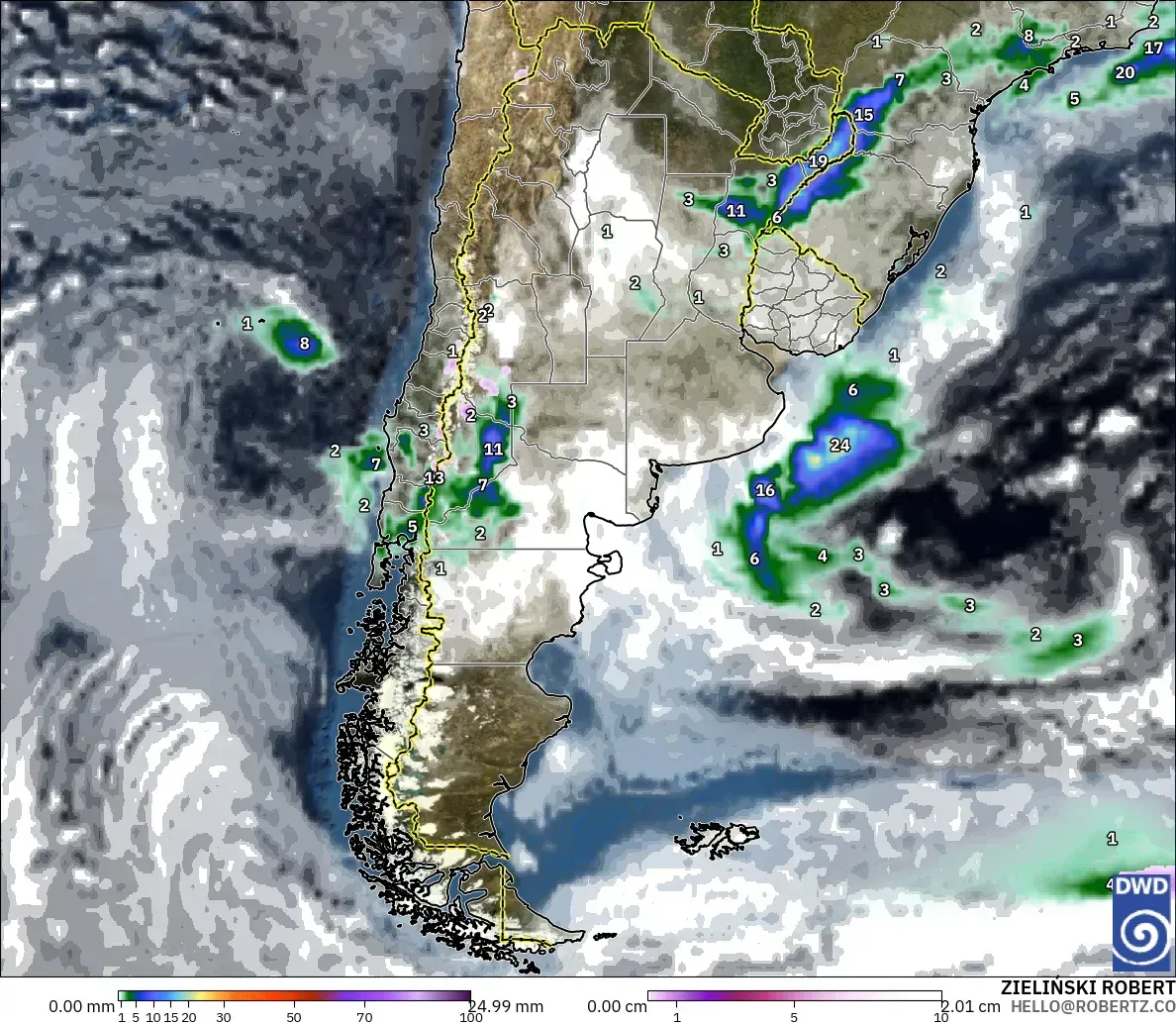ICON modelo - Argentina, Precipitación, nubes y presión
