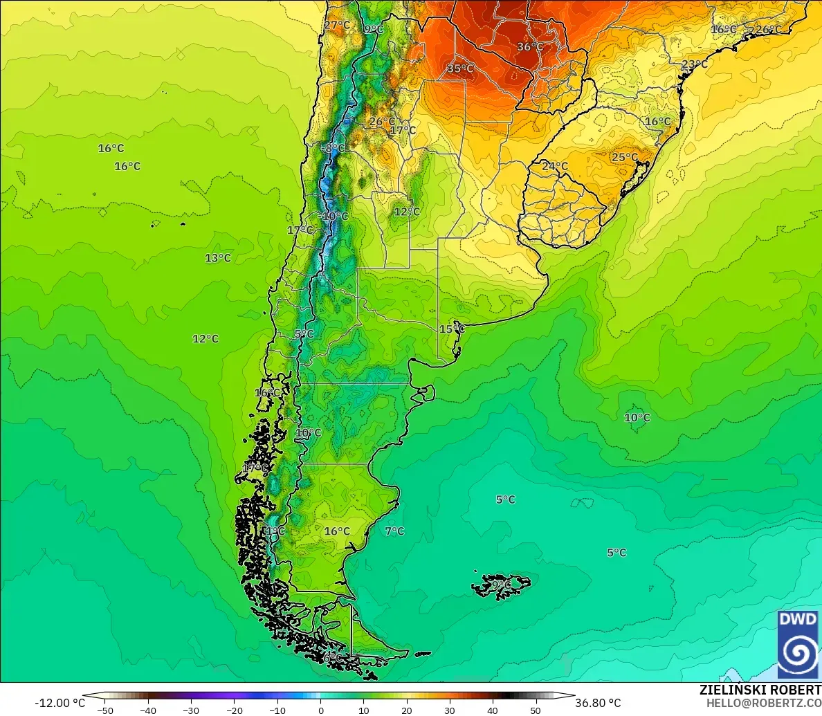 ICON modelo - Argentina, Temperatura a 2 m