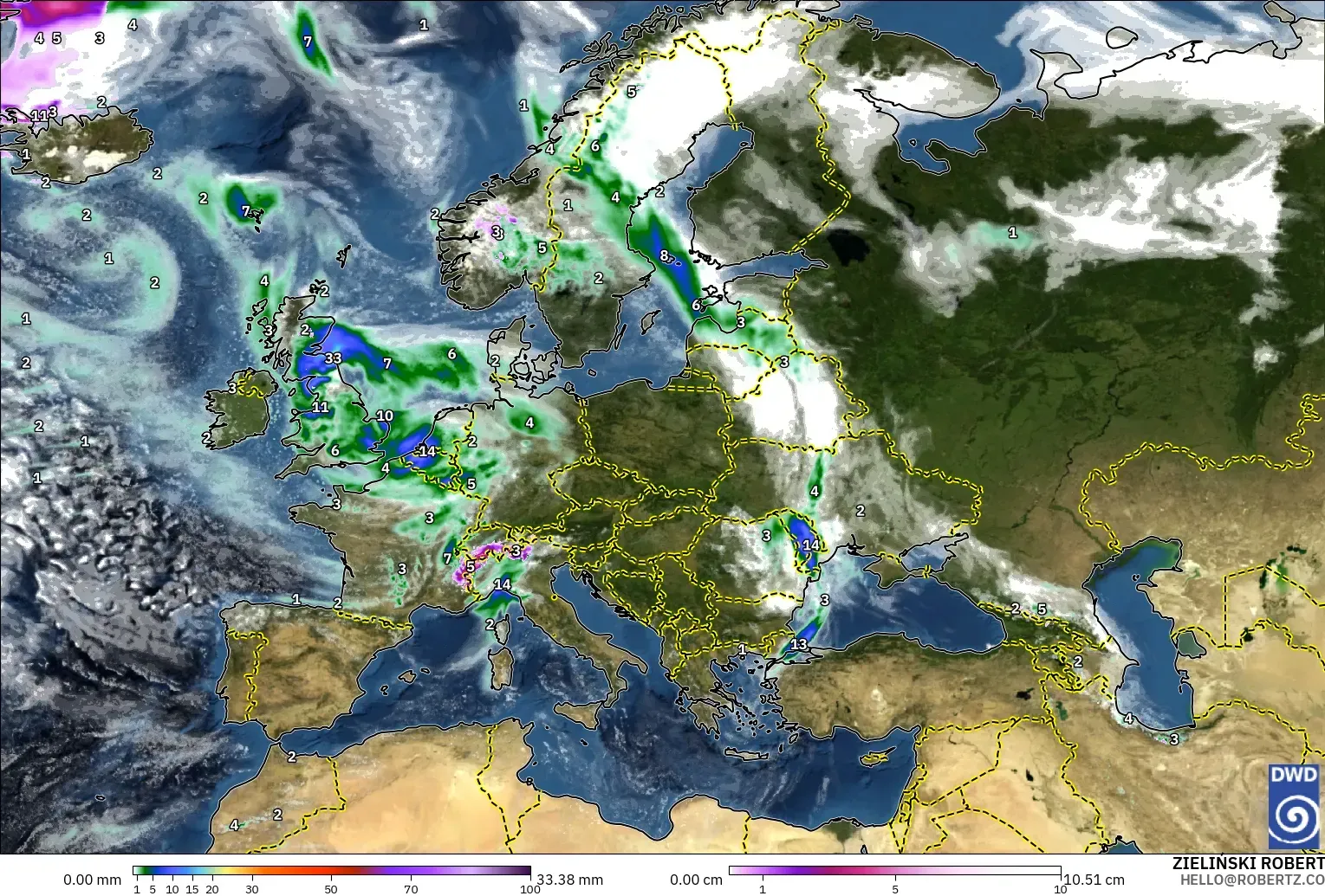 ICON modelo - Europa, Precipitación, nubes y presión