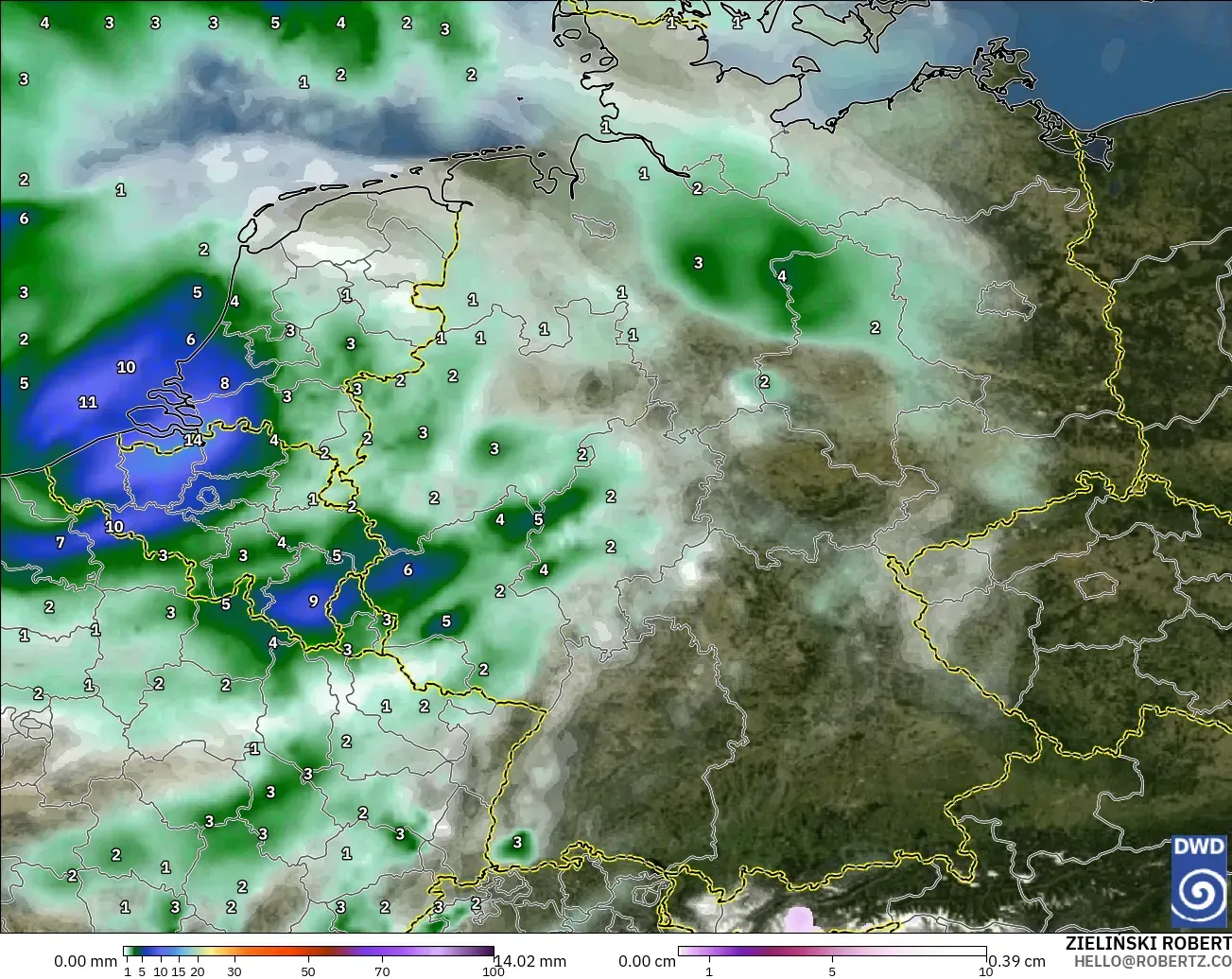 ICON modelo - Alemania, Precipitación, nubes y presión