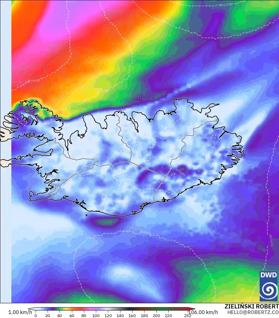 ICON modelo - Islandia, Ráfagas de viento