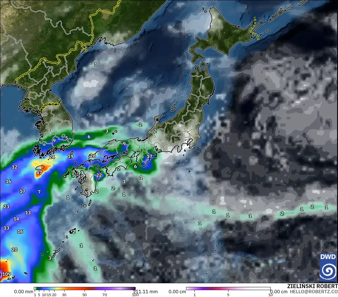 ICON modelo - Japón, Precipitación, nubes y presión
