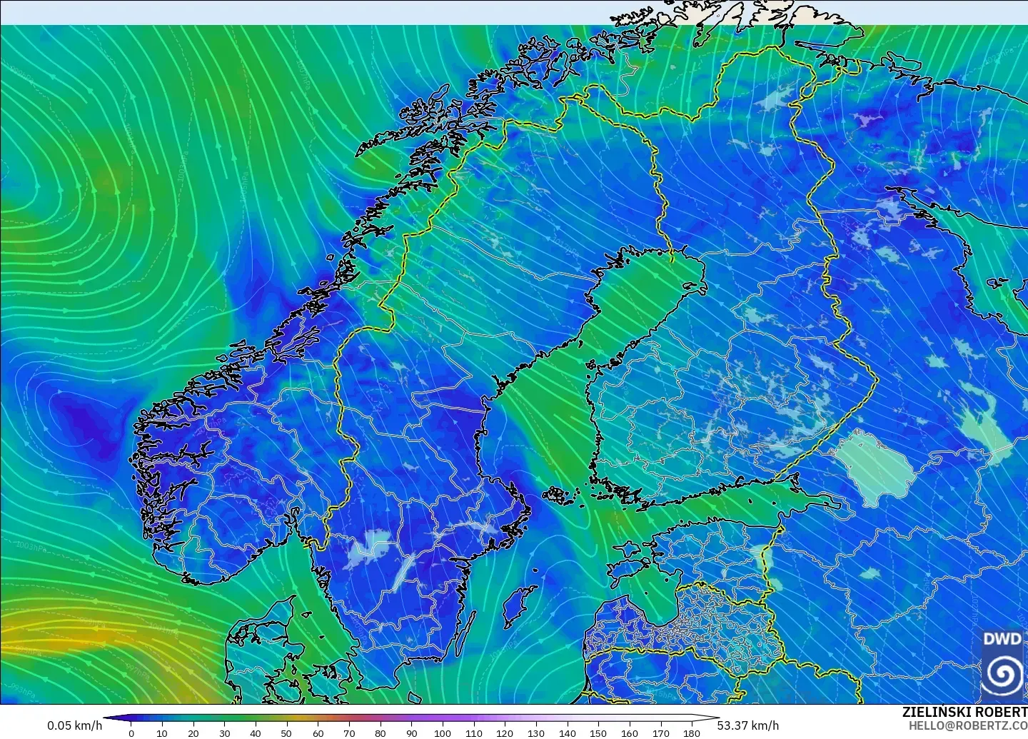 ICON modelo - Escandinavia, Viento a 10 m