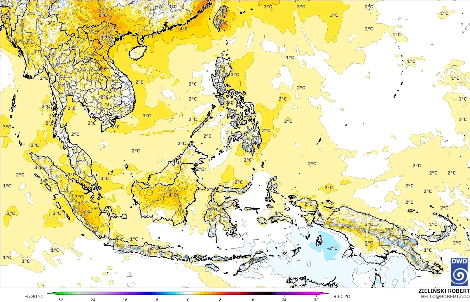 ICON modelo - Sudeste Asiático, Anomalía de temperatura a 2 m
