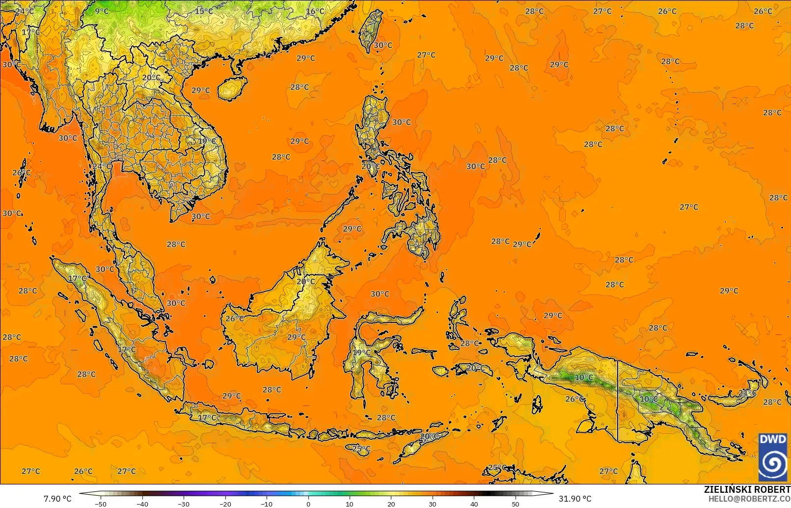 ICON modelo - Sudeste Asiático, Temperatura a 2 m