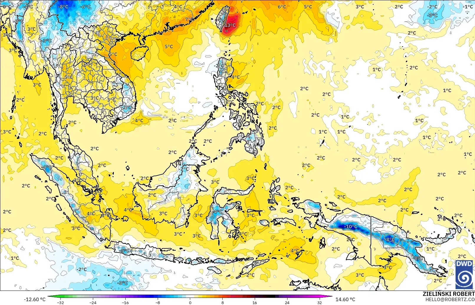 ICON modelo - Sudeste Asiático, Anomalía de temperatura a 850 hPa
