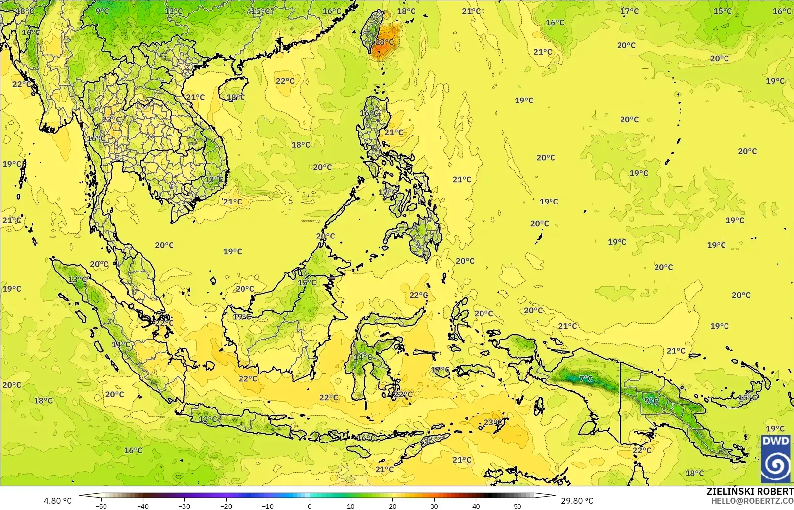 ICON modelo - Sudeste Asiático, Temperatura a 850 hPa