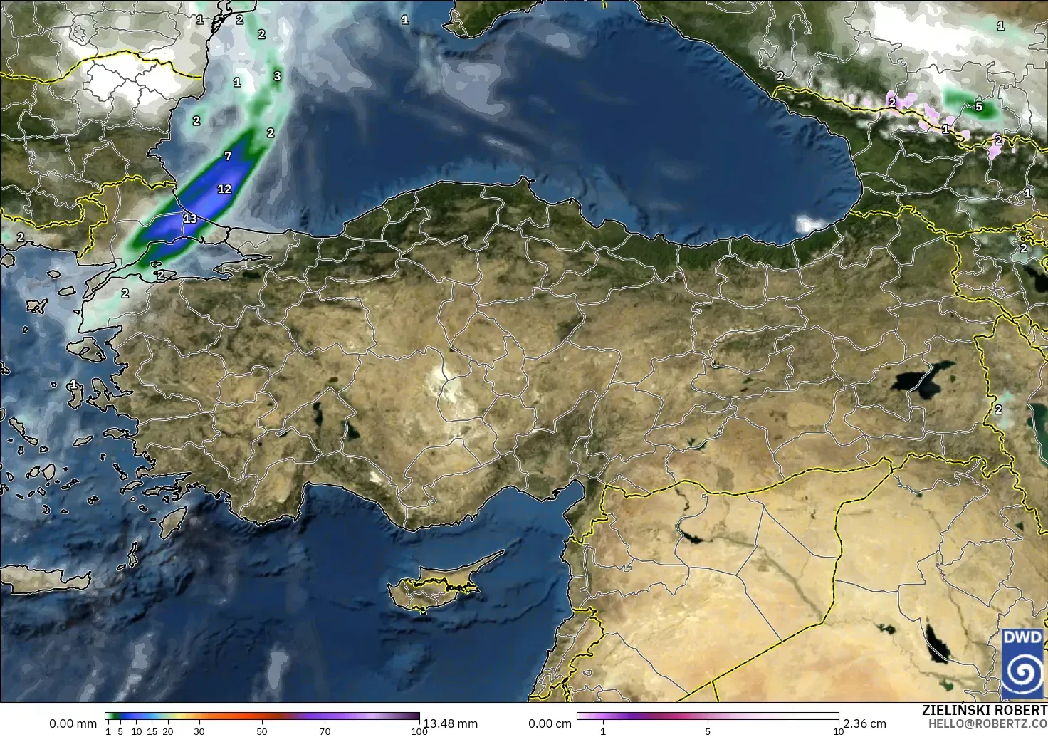 ICON modelo - Turquía, Precipitación, nubes y presión