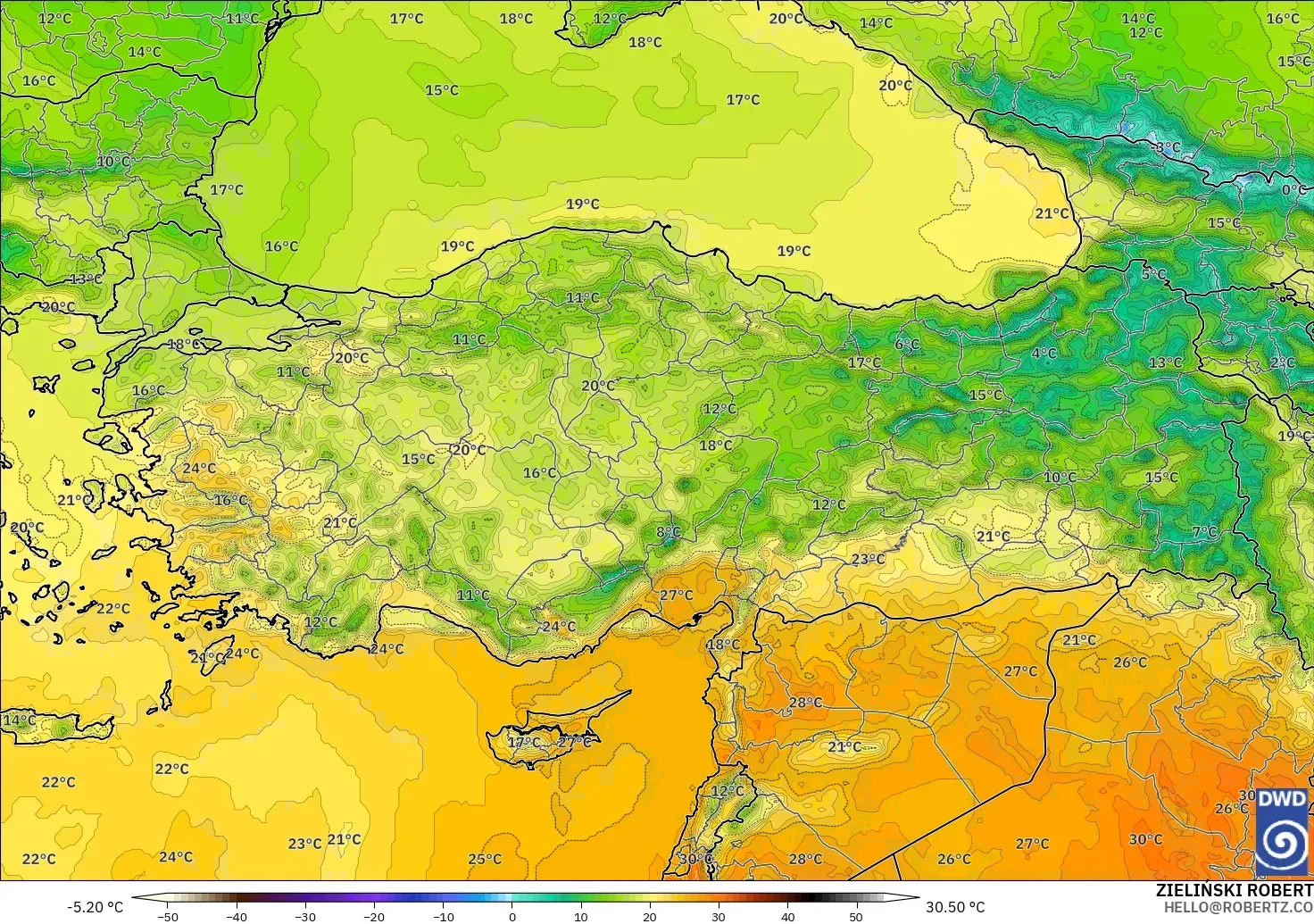 ICON modelo - Turquía, Temperatura a 2 m