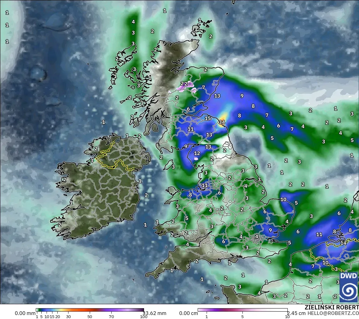 ICON modelo - Reino Unido, Precipitación, nubes y presión