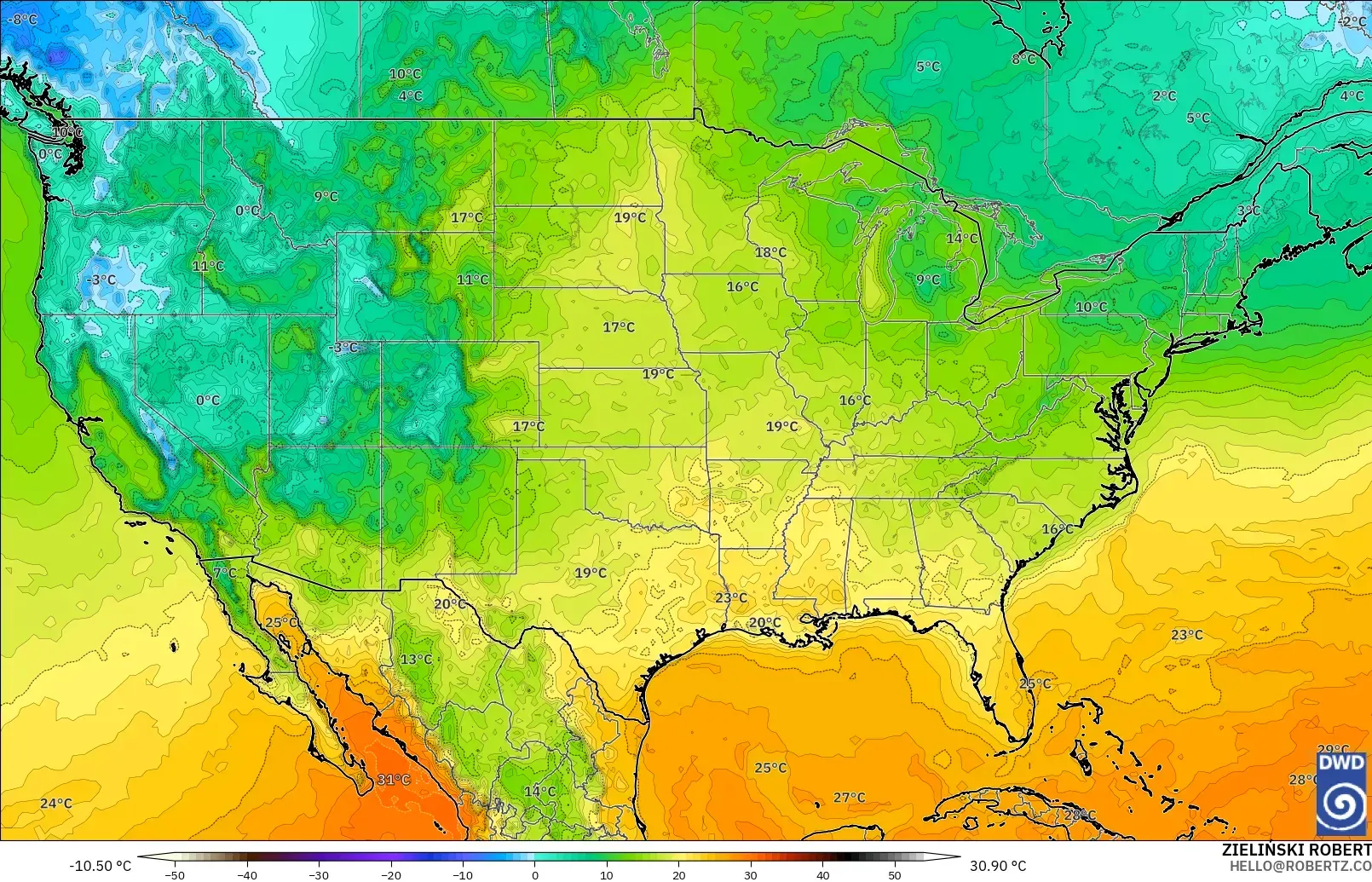 ICON modelo - Estados Unidos, Temperatura a 2 m