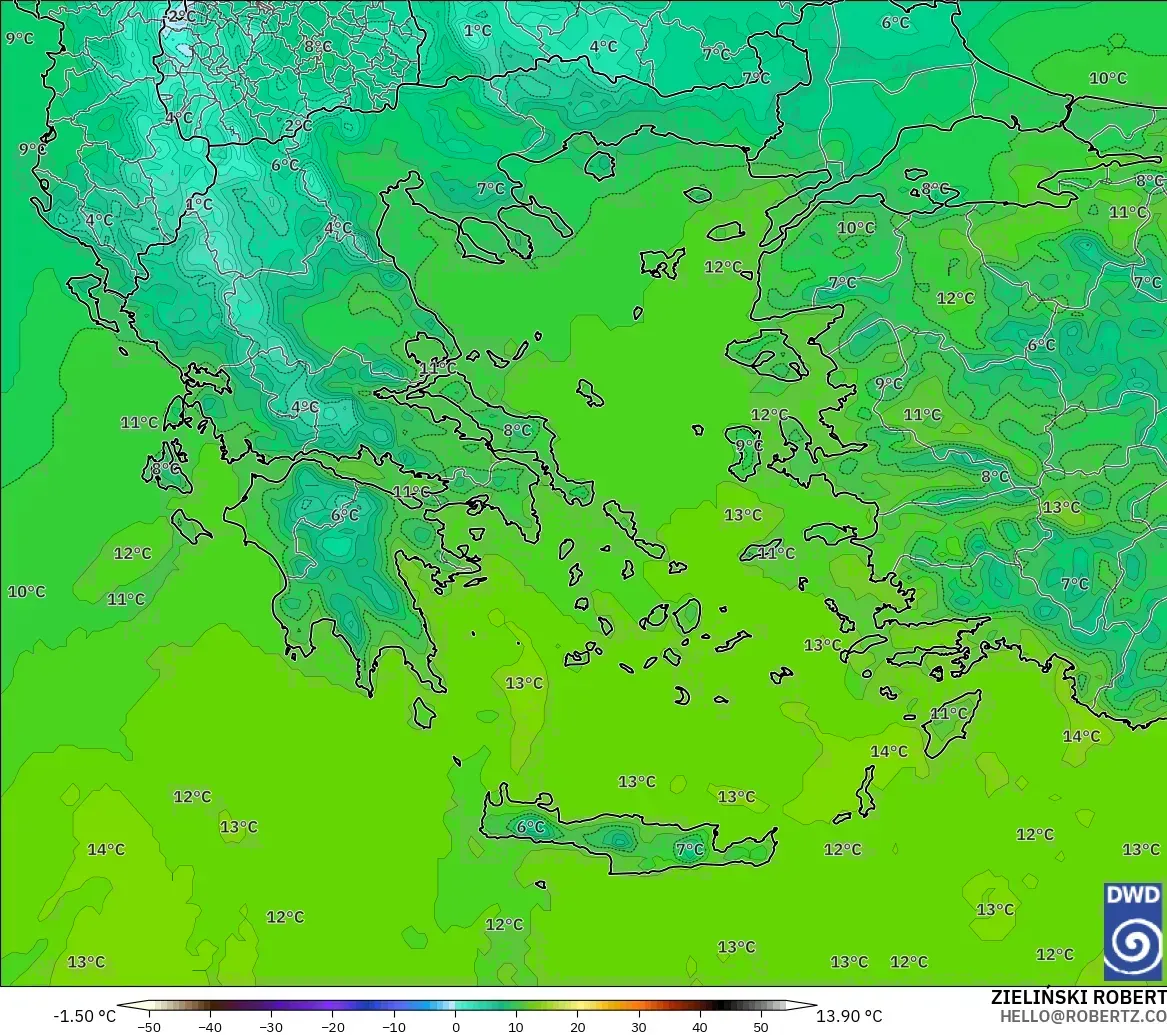ICON modelo - Grecia, Temperatura a 850 hPa