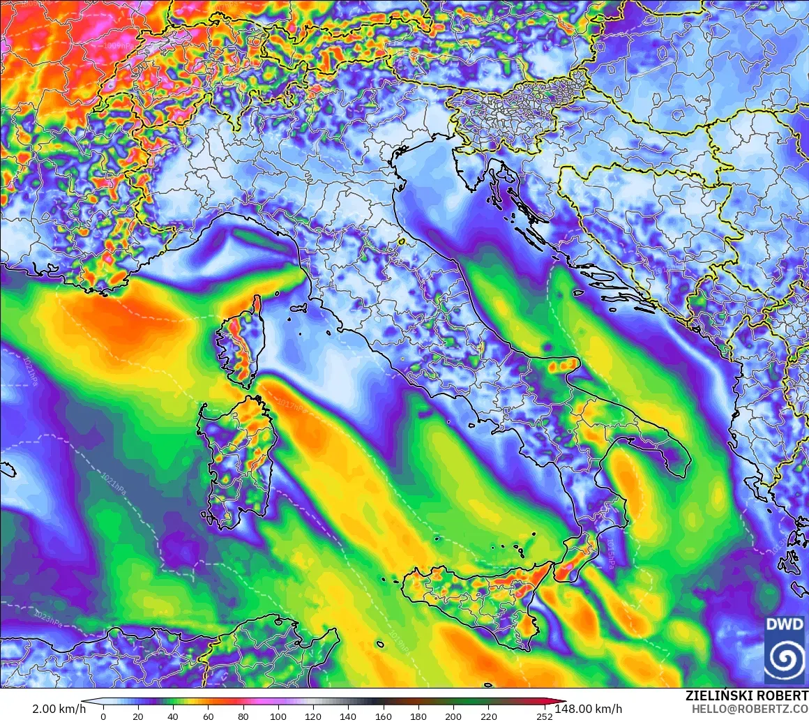 ICON modelo - Italia, Ráfagas de Viento Máximas