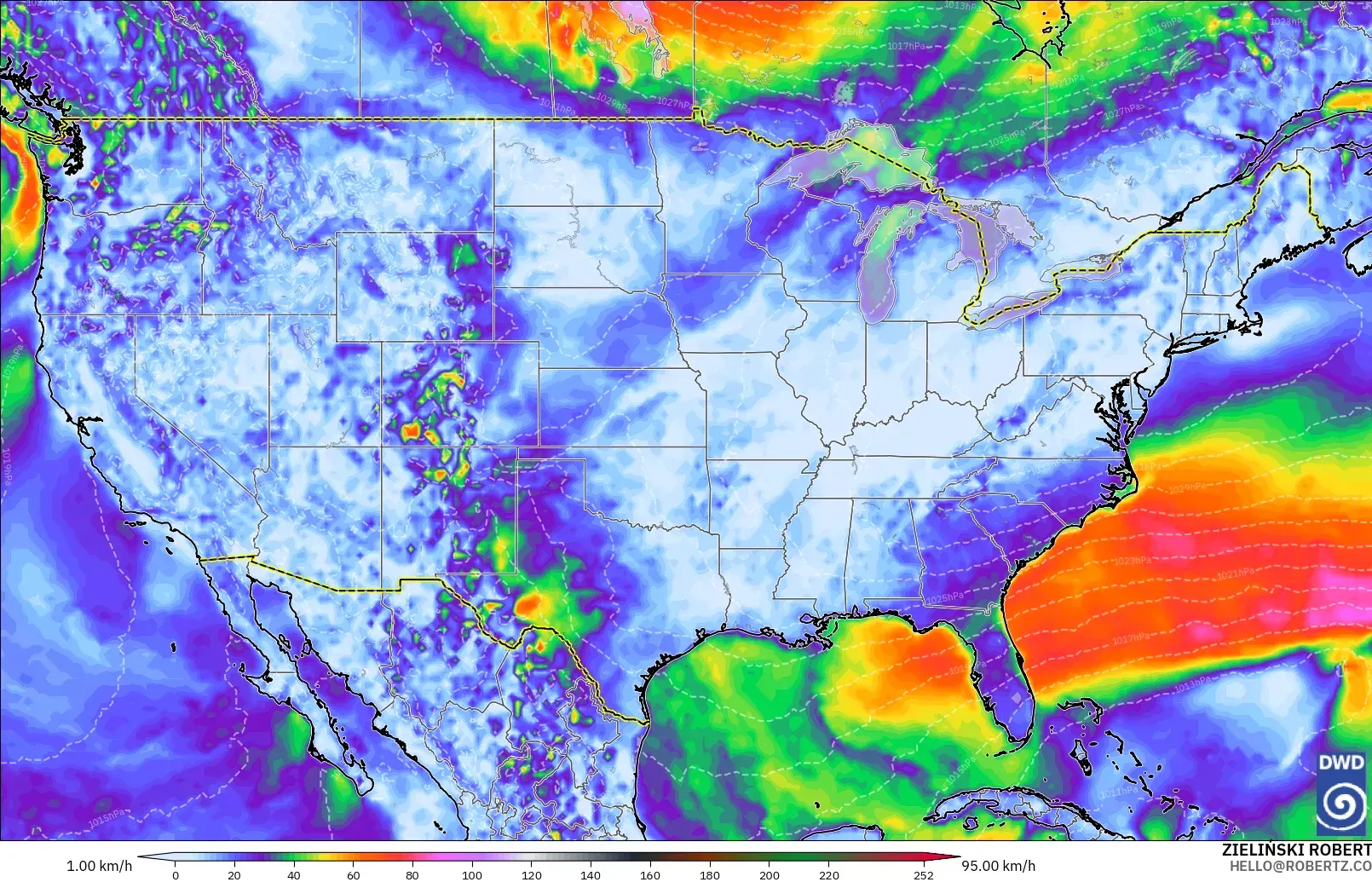 ICON modelo - Estados Unidos, Ráfagas de Viento Máximas